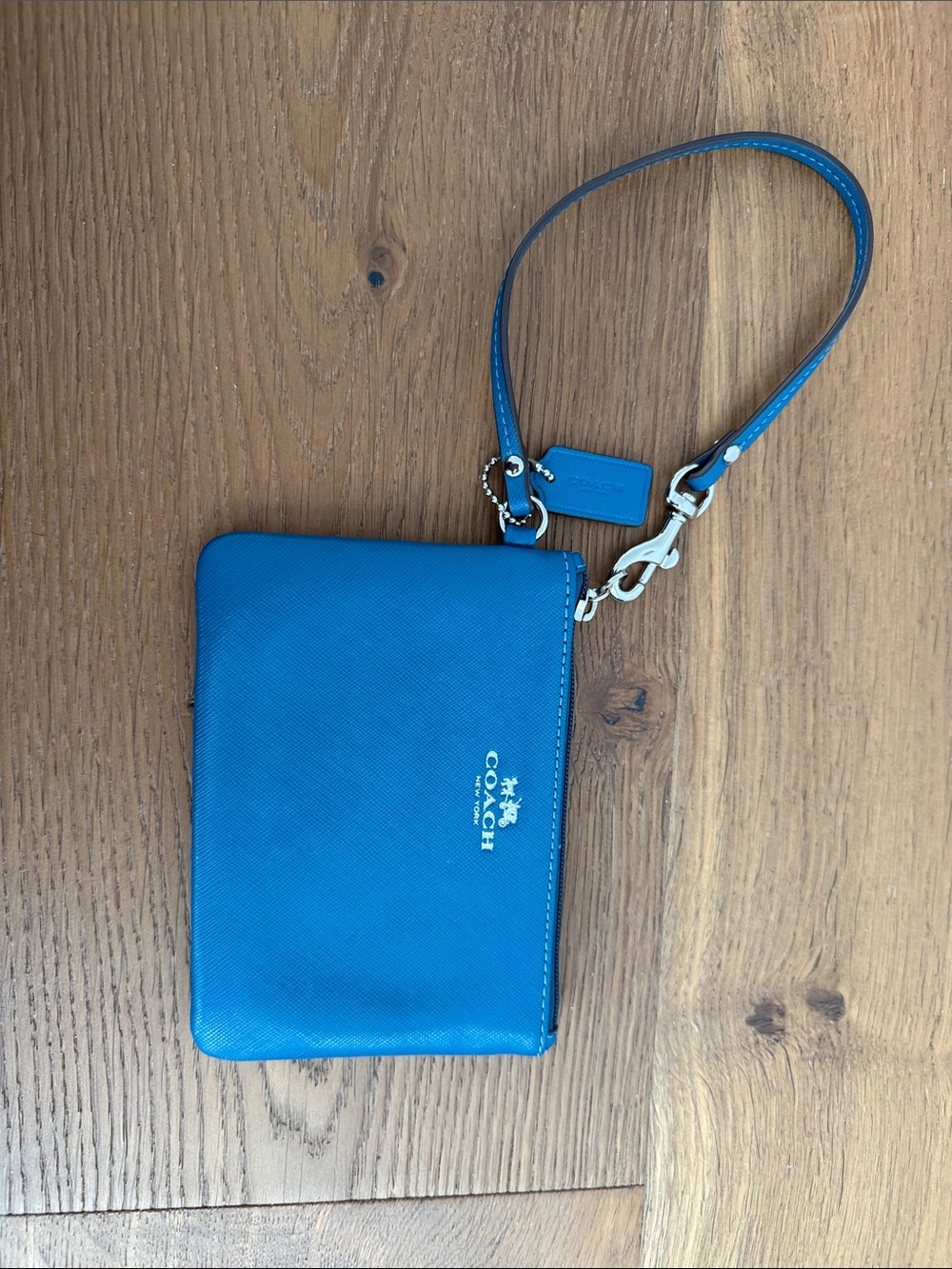 Coach Bright Blue Leather Wristlet with Silver Hardware